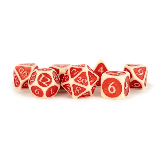 MDG 16mm Acrylic Polyhedral Dice Set: Ivory w/ Red Enamel