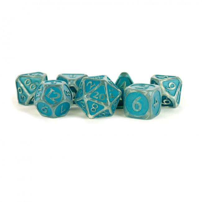 MDG 16mm Acrylic Polyhedral Dice Set: Ice w/ Blue Enamel